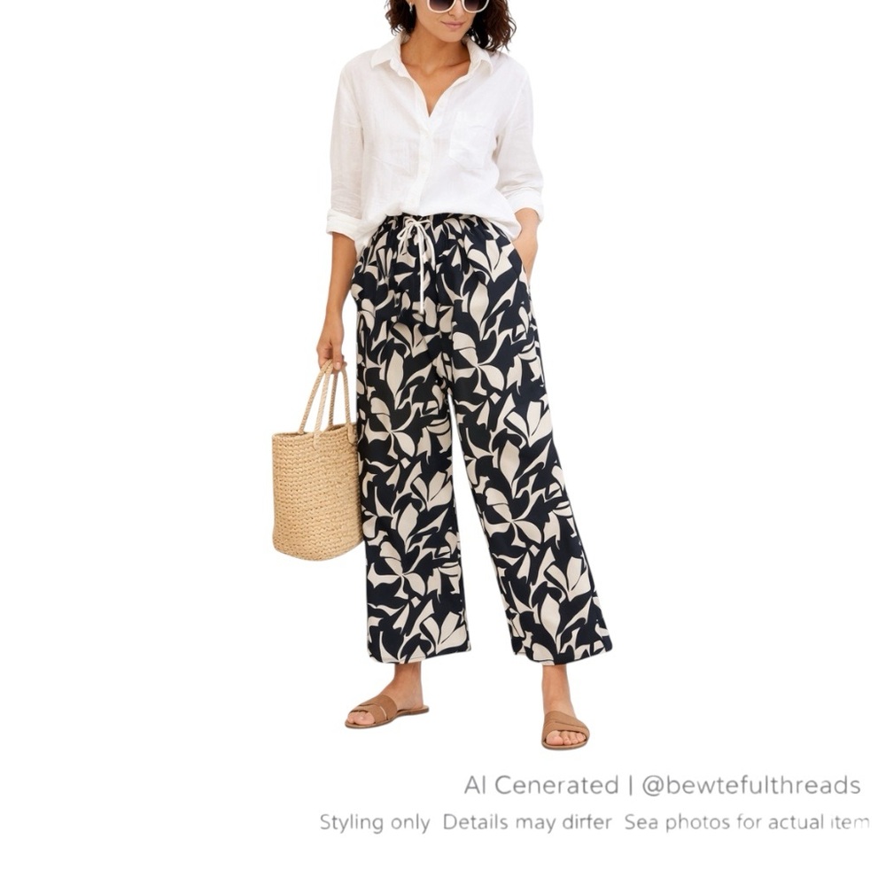BLACK TAPE XL Navy Cream Coastal Wide Leg Pants Resort Hamptons Chic